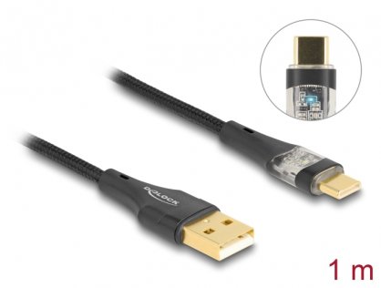 Cablu USB 2.0-A la USB type C T-T Fast Charging 60W 1m brodat Negru, Delock 80760